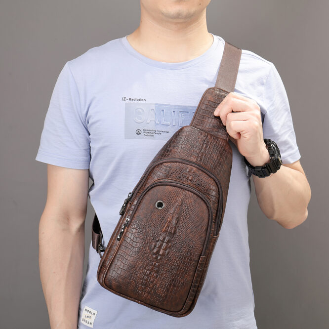 Men's Genuine Leather Crocodile Pattern Chest Bag With Headphone Jack Men's Shoulder Bags Cross Body Sling Leather Chest Bag - Image 5