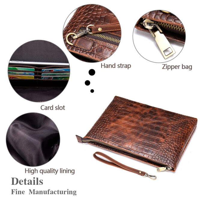 Men Vintage Genuine Leather Crocodile Pattern With Wristlet Clutch Bag Leather Man Purse Handbag Clutch Wallet for Men - Image 5