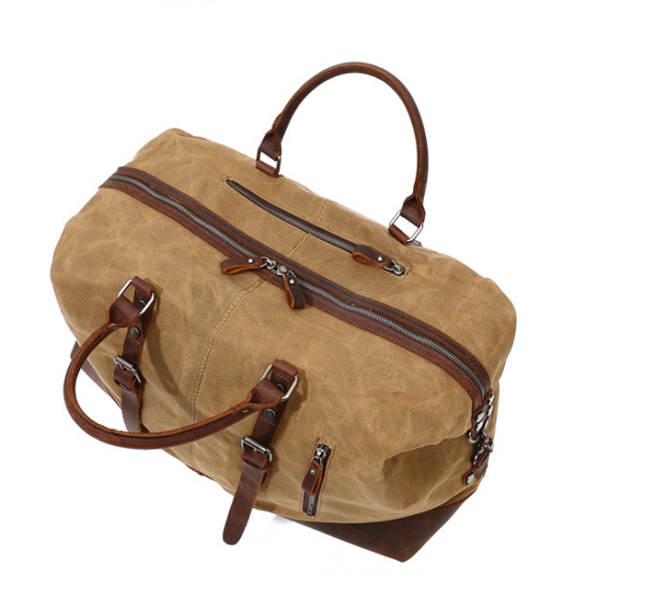 Waterproof Canvas Duffel Bag Genuine Leather Weekend  Overnight Carryon Hand Bag - Image 4