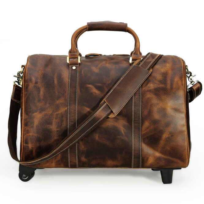 Brown Grain Leather Trolley Luggage Holdall Weekender Luxury Overnight Carry On Bag For men