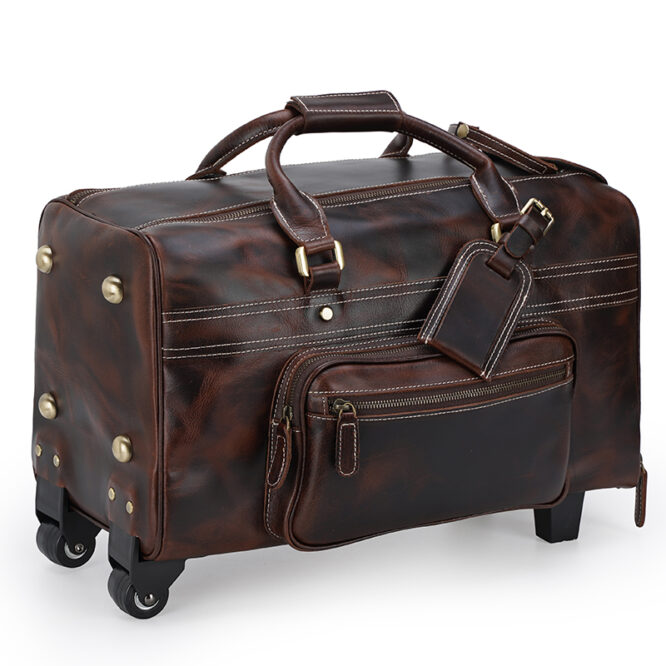 Genuine leather trolley bag wheeled leather duffle bag Leather duffle bag with wheels - Image 2