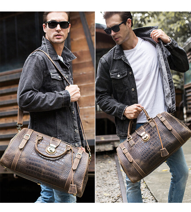 Luxury Genuine Leather Mens Crocodile Embossed Weekend Travel Bag - Image 5