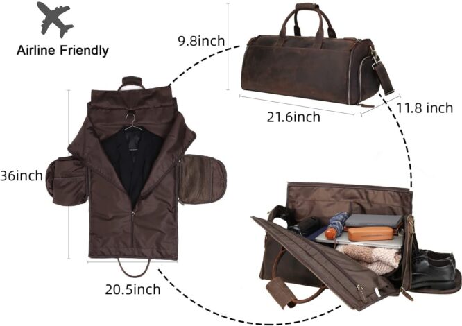 Carry on Garment Bag Full Grain Leather Travel Weekender Overnight Large Duffel Bag 2 in 1 Hanging Suitcase Suit Travel Pack