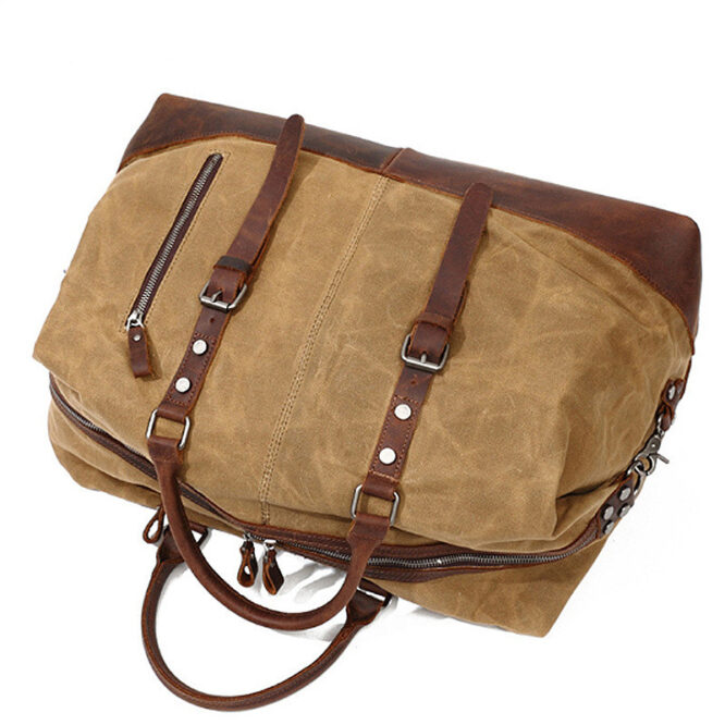 Waterproof Canvas Duffel Bag Genuine Leather Weekend  Overnight Carryon Hand Bag - Image 3