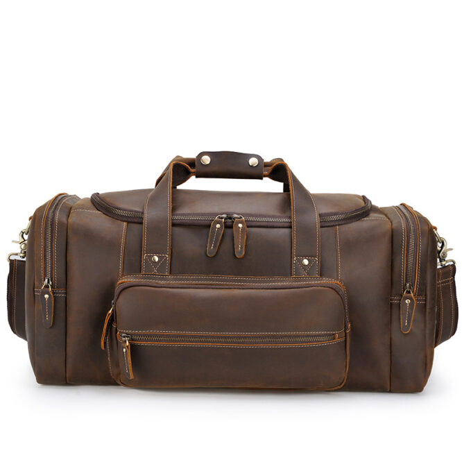 Large Capacity Brown Genuine Real Leather Garment Overnight Weekend Travel Bags Duffel Bag For Man