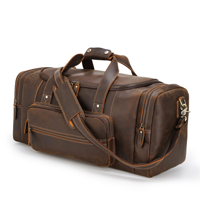 Large Capacity Brown Genuine Real Leather Garment Overnight Weekend Travel Bags Duffel Bag For Man - Image 6