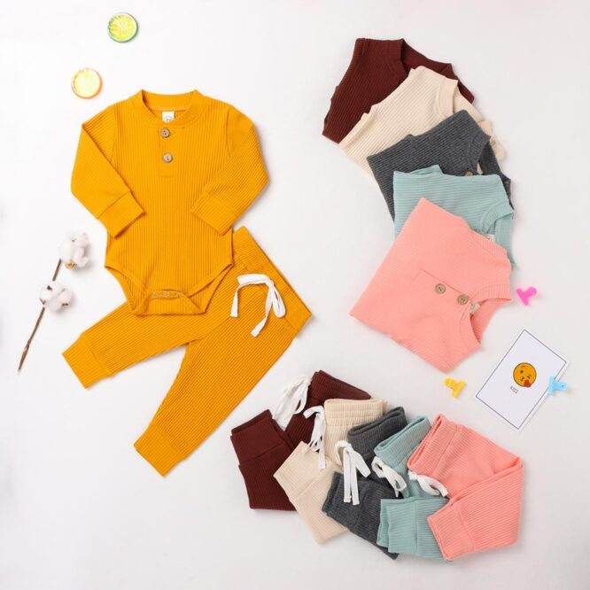 Infant Newborn Baby Girls Boys Spring Autumn Ribbed Solid Clothes Sets Long Sleeve Bodysuits  Elastic Pants 2PCs Solid Outfits - Image 3