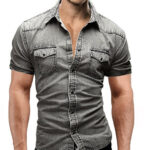 Men Denim Short-sleeved Slim Shirt Shirt