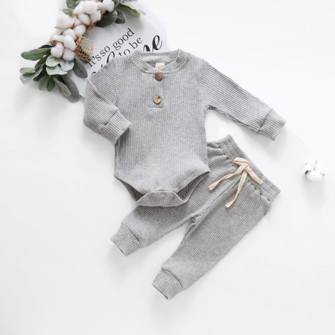 Infant Newborn Baby Girls Boys Spring Autumn Ribbed Solid Clothes Sets Long Sleeve Bodysuits  Elastic Pants 2PCs Solid Outfits - Image 4