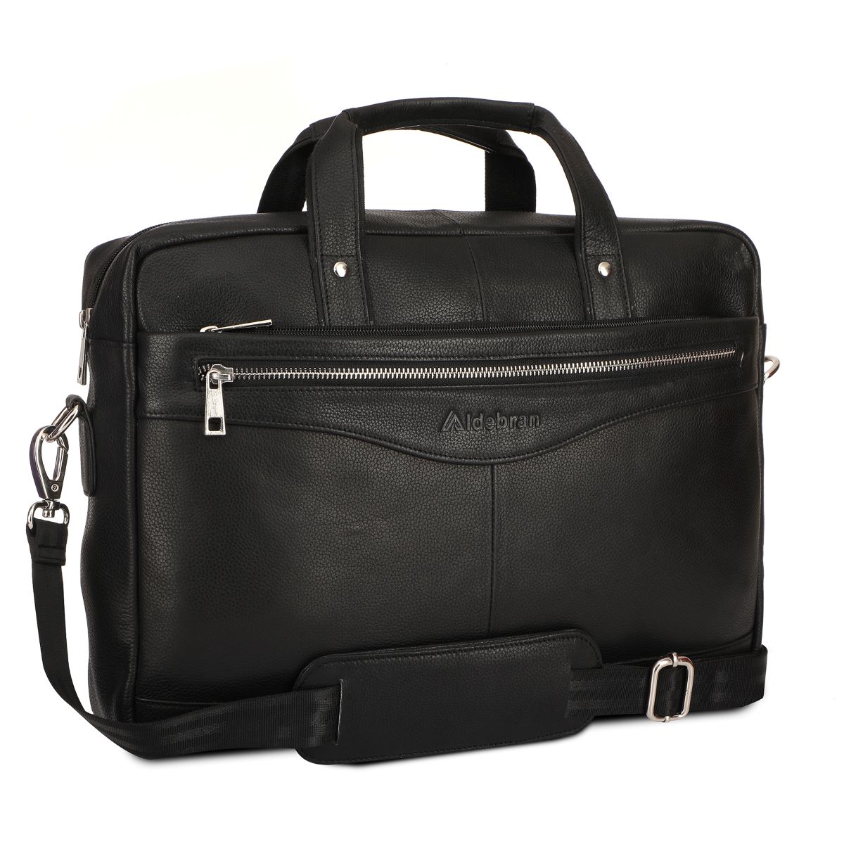 “Aldebran Black Leather Laptop Bag with Detachable Shoulder Strap”