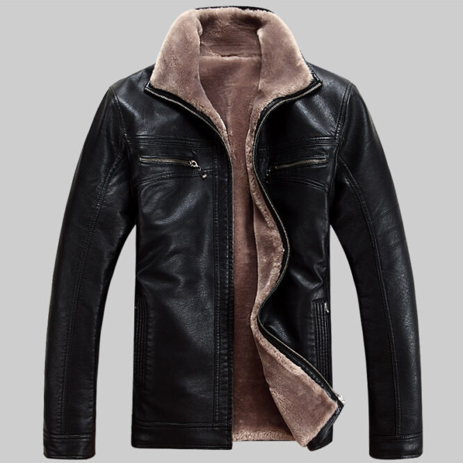 Men's business standing collar, fur and leather thickened synthetic leather overcoat - Image 5