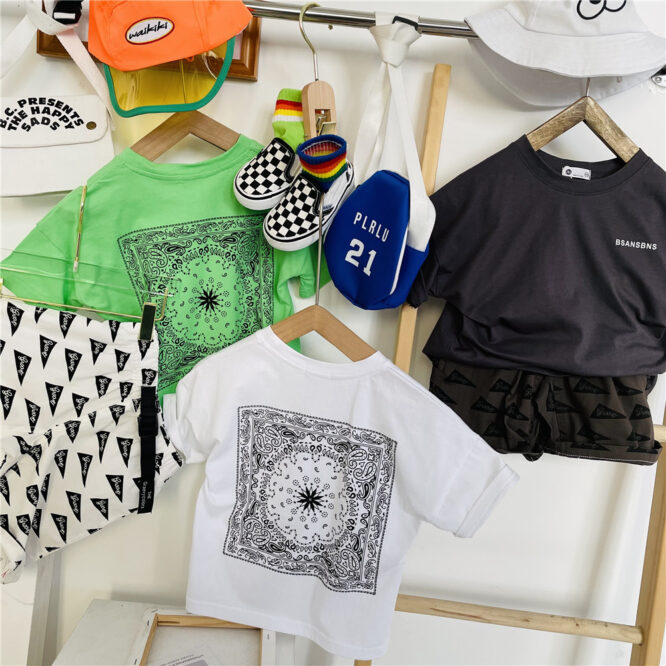 Boys' Short Sleeve T-shirt Summer Children's Summer Top Cotton Cashew Flower Printing Thin Loose Middle School Children's Half Sleeve Fashion