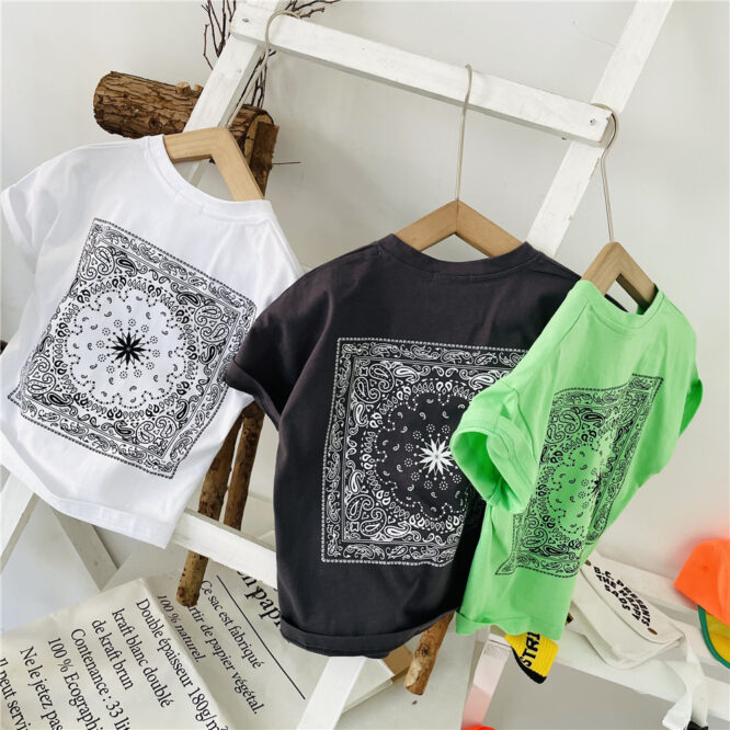Boys' Short Sleeve T-shirt Summer Children's Summer Top Cotton Cashew Flower Printing Thin Loose Middle School Children's Half Sleeve Fashion - Image 2