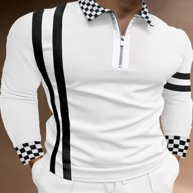 Plaid Color Matching Stitching Casual Long Sleeved T Shirt Top Polo Shirt - Image 3