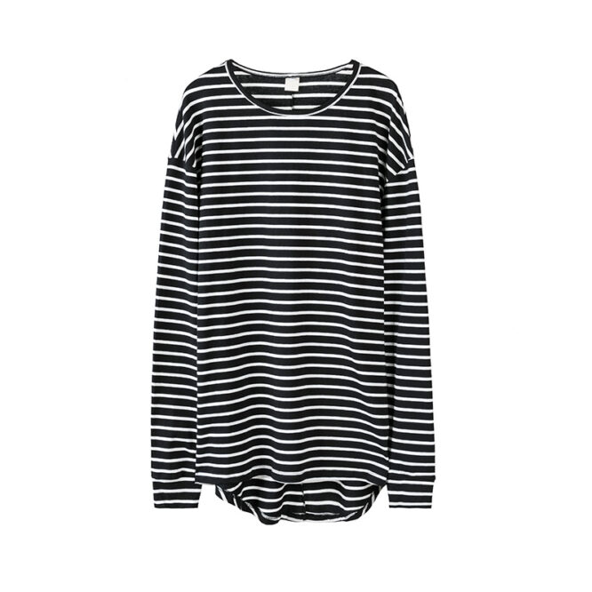 Black And White Striped Bottoming Shirt With Short Front And Long Back - Image 9