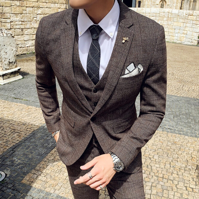 Plaid Korean Style Slim Men's Three-piece Suit - Image 6