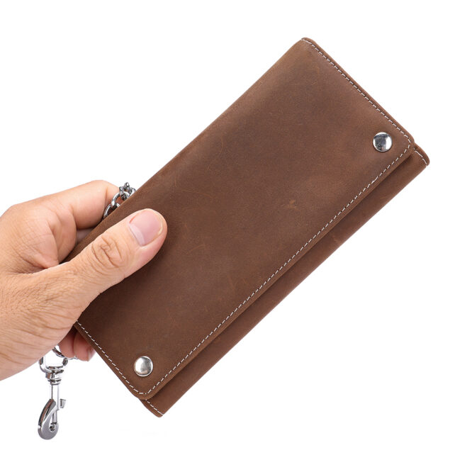 Mens Genuine Leather Trifold Wallet with Chain RFID Blocking Zipper Long Wallet Coin Pocket Card Holder Leather Wallet