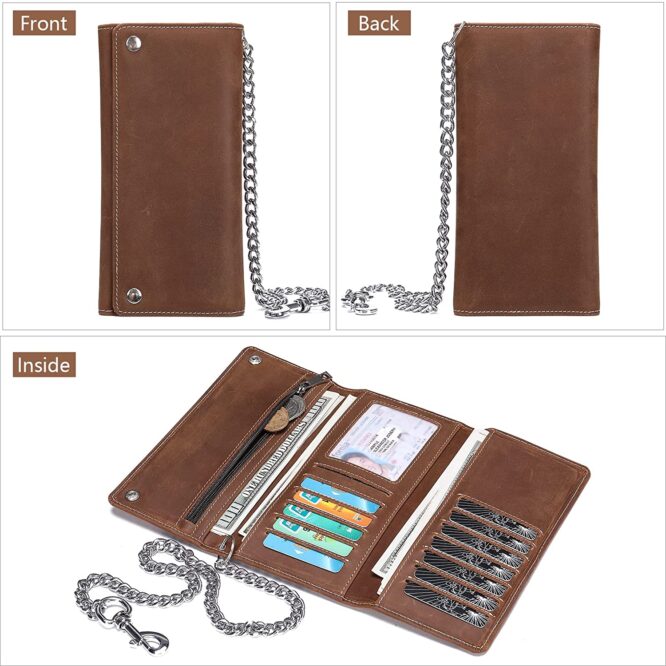 Mens Genuine Leather Trifold Wallet with Chain RFID Blocking Zipper Long Wallet Coin Pocket Card Holder Leather Wallet - Image 2