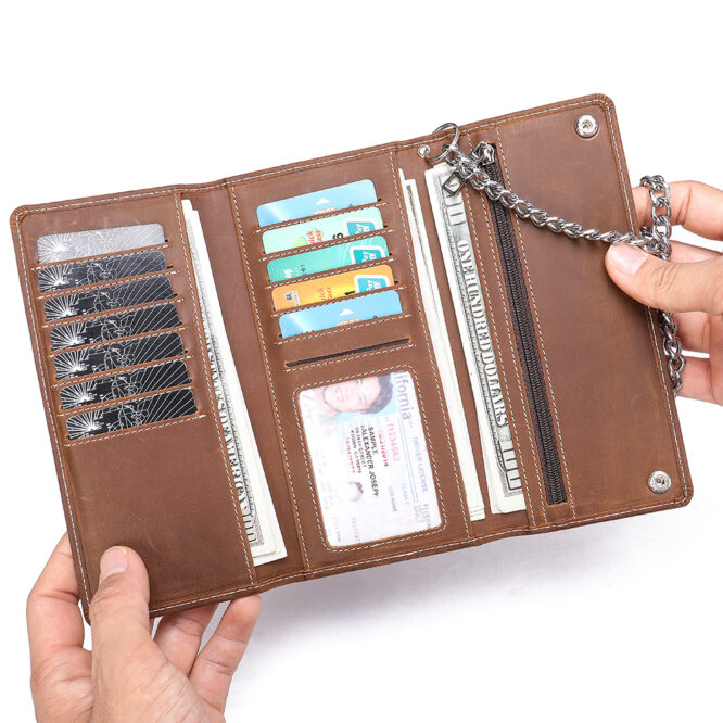 Mens Genuine Leather Trifold Wallet with Chain RFID Blocking Zipper Long Wallet Coin Pocket Card Holder Leather Wallet - Image 6