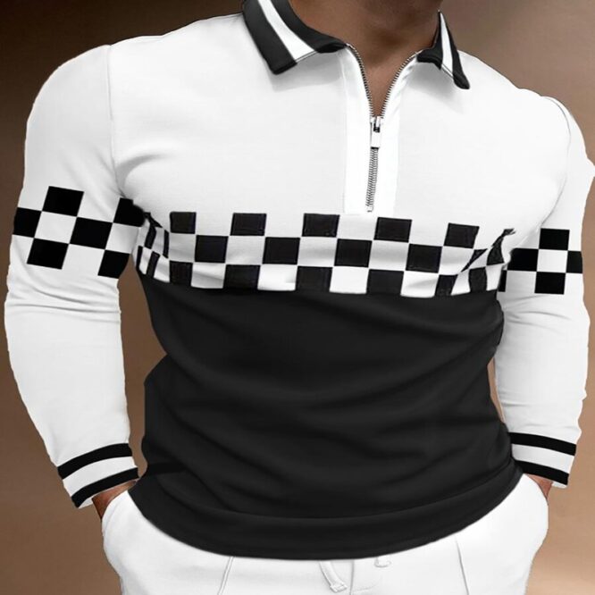 Plaid Color Matching Stitching Casual Long Sleeved T Shirt Top Polo Shirt - Image 5