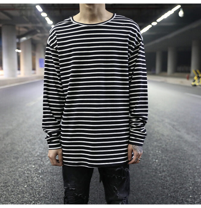 Black And White Striped Bottoming Shirt With Short Front And Long Back - Image 5