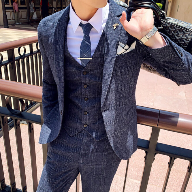 Plaid Korean Style Slim Men's Three-piece Suit - Image 2