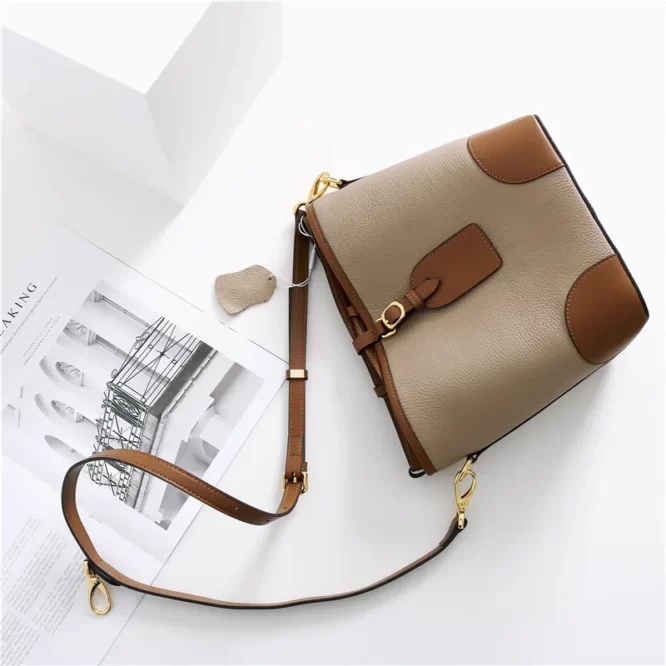 Contrast color Top layer cowhide leather bucket bag soft leather bag 2021 new fashion Korean style women bucket bags ladies - Image 4