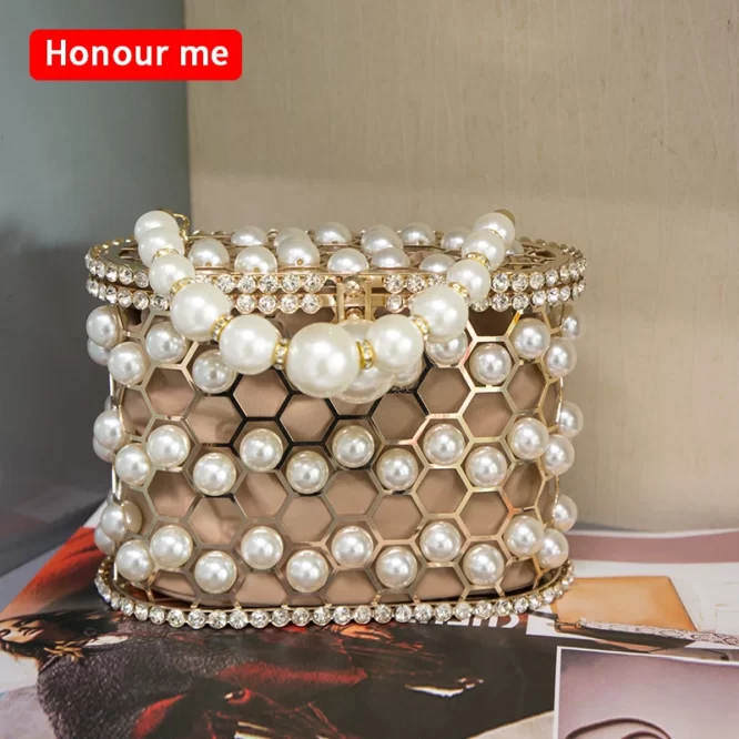 Baroque pearl luxury lady elegance tote bucket rhinestone handbag metal birdcage evening clutch pearl bag for women - Image 6