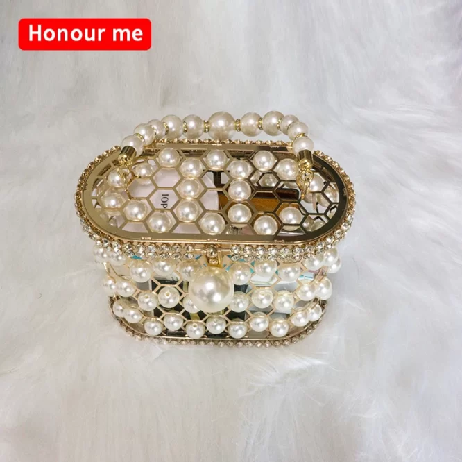 Baroque pearl luxury lady elegance tote bucket rhinestone handbag metal birdcage evening clutch pearl bag for women - Image 2