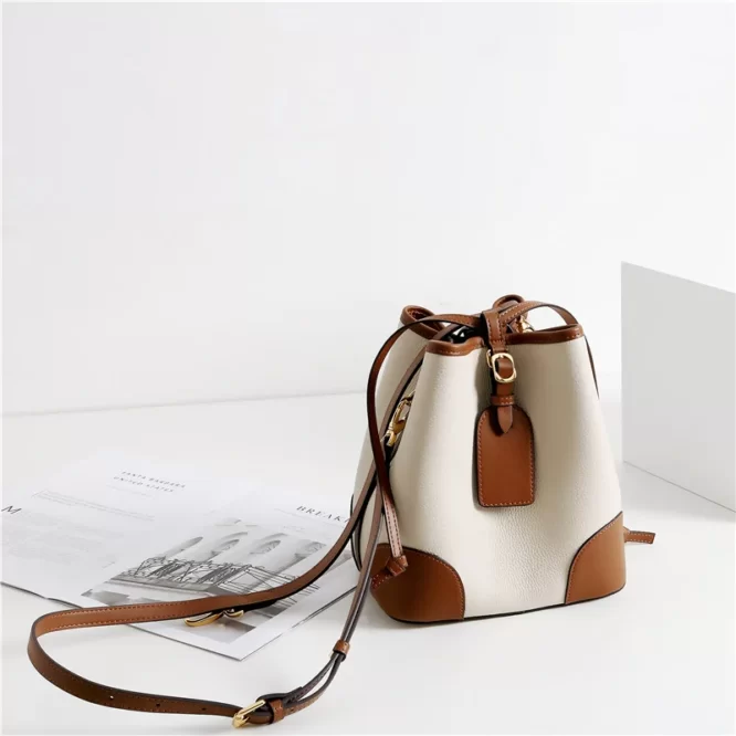 Contrast color Top layer cowhide leather bucket bag soft leather bag 2021 new fashion Korean style women bucket bags ladies