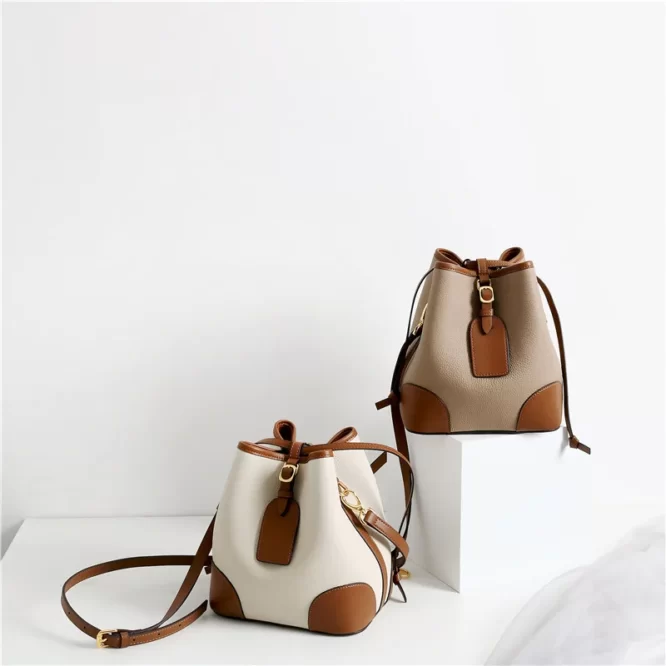 Contrast color Top layer cowhide leather bucket bag soft leather bag 2021 new fashion Korean style women bucket bags ladies - Image 2