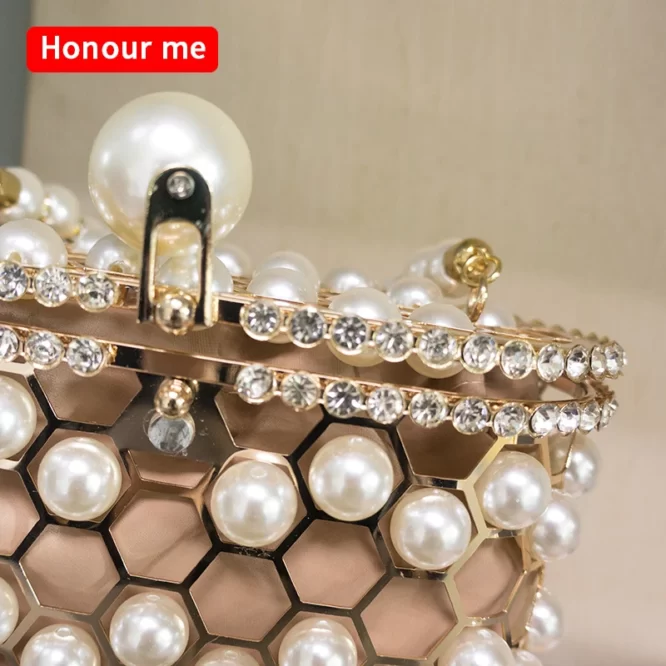 Baroque pearl luxury lady elegance tote bucket rhinestone handbag metal birdcage evening clutch pearl bag for women - Image 4