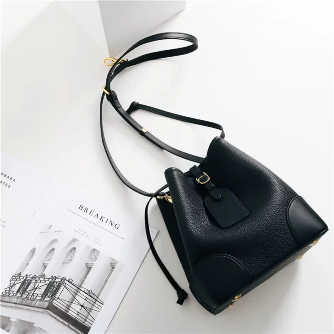 Contrast color Top layer cowhide leather bucket bag soft leather bag 2021 new fashion Korean style women bucket bags ladies - Image 3