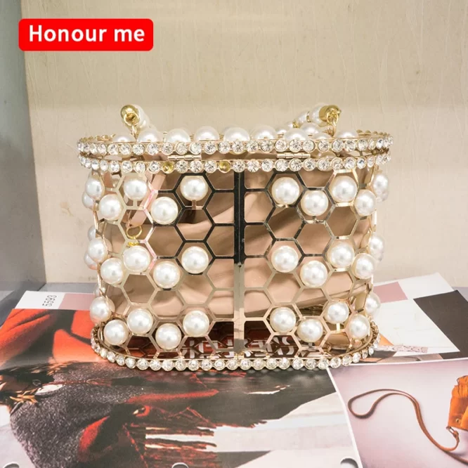 Baroque pearl luxury lady elegance tote bucket rhinestone handbag metal birdcage evening clutch pearl bag for women