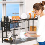 Over The Sink Dish Drying Rack, 2 Tiers Stainless Steel Dish Racks For Kitchen Counter, Large Dish Drainer With Utensil Holder, Cutting Board Holder, Kitchen Drying Rack-Black - Image 2